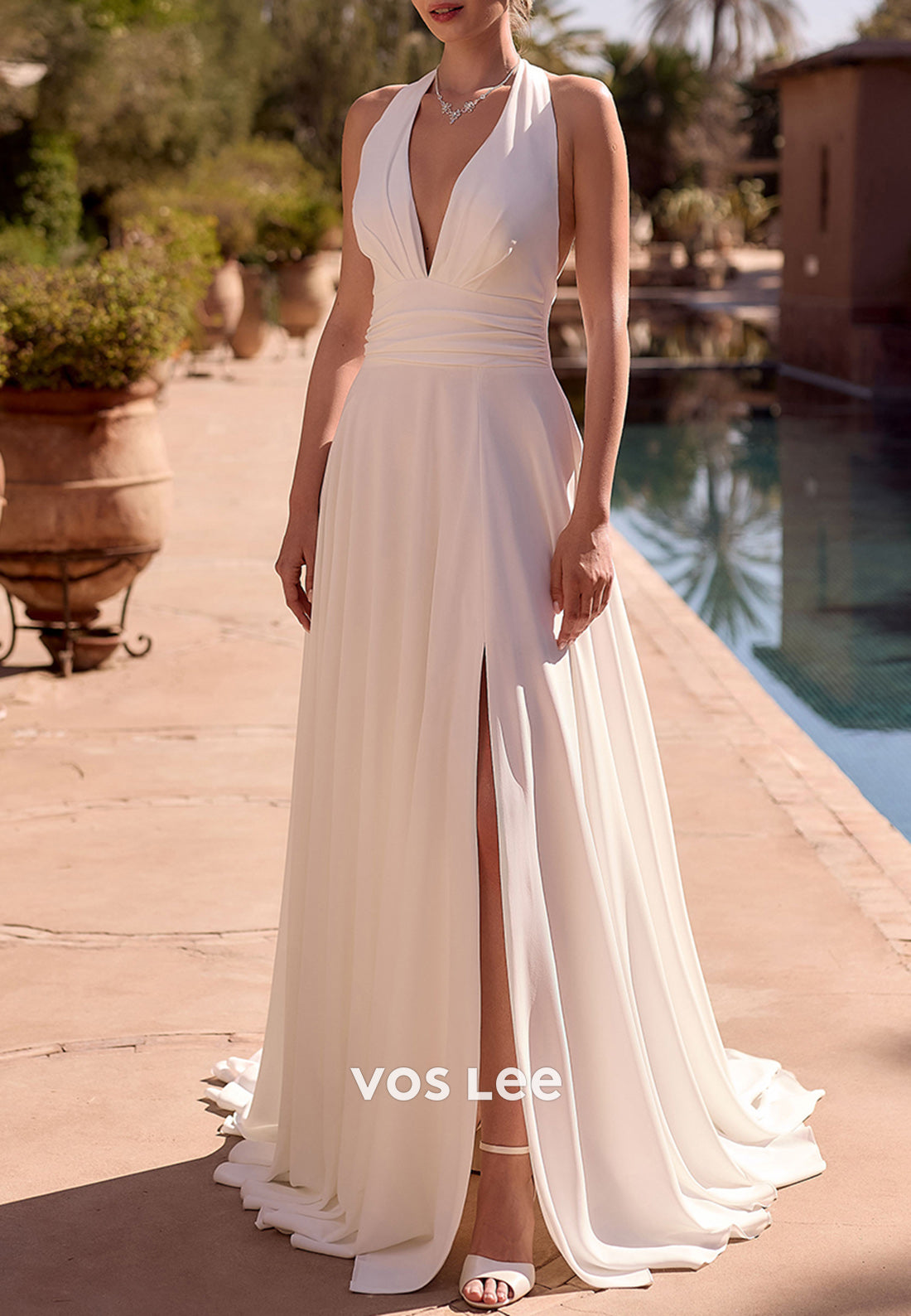 Gorgeous & Charming A-Line Halter Pleated Beach Wedding Dresses with High Split