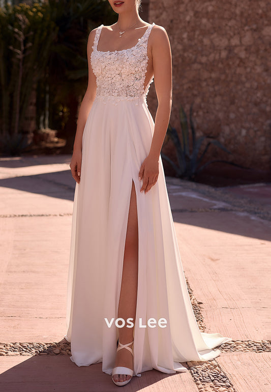A-Line Spaghetti Straps Square Appliques Lace Pleated Wedding Dresses with High Split