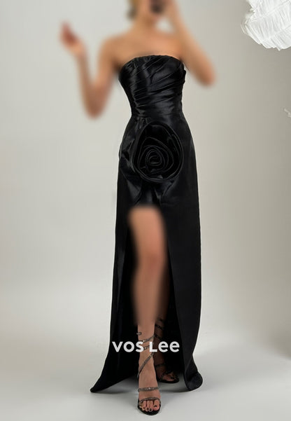 Sparkling Strapless Pleated Flowers Floor-Length Sheath Prom Dresses with High Split