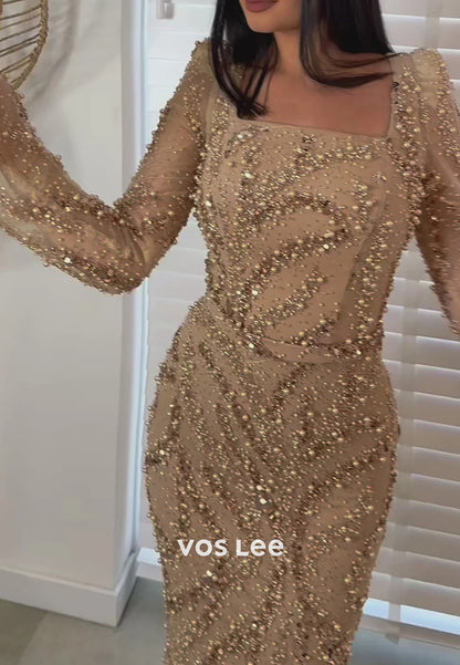 Glamorous & Dramatic Bell Sleeves Square Mermaid Evening Dresses with Sweep Train
