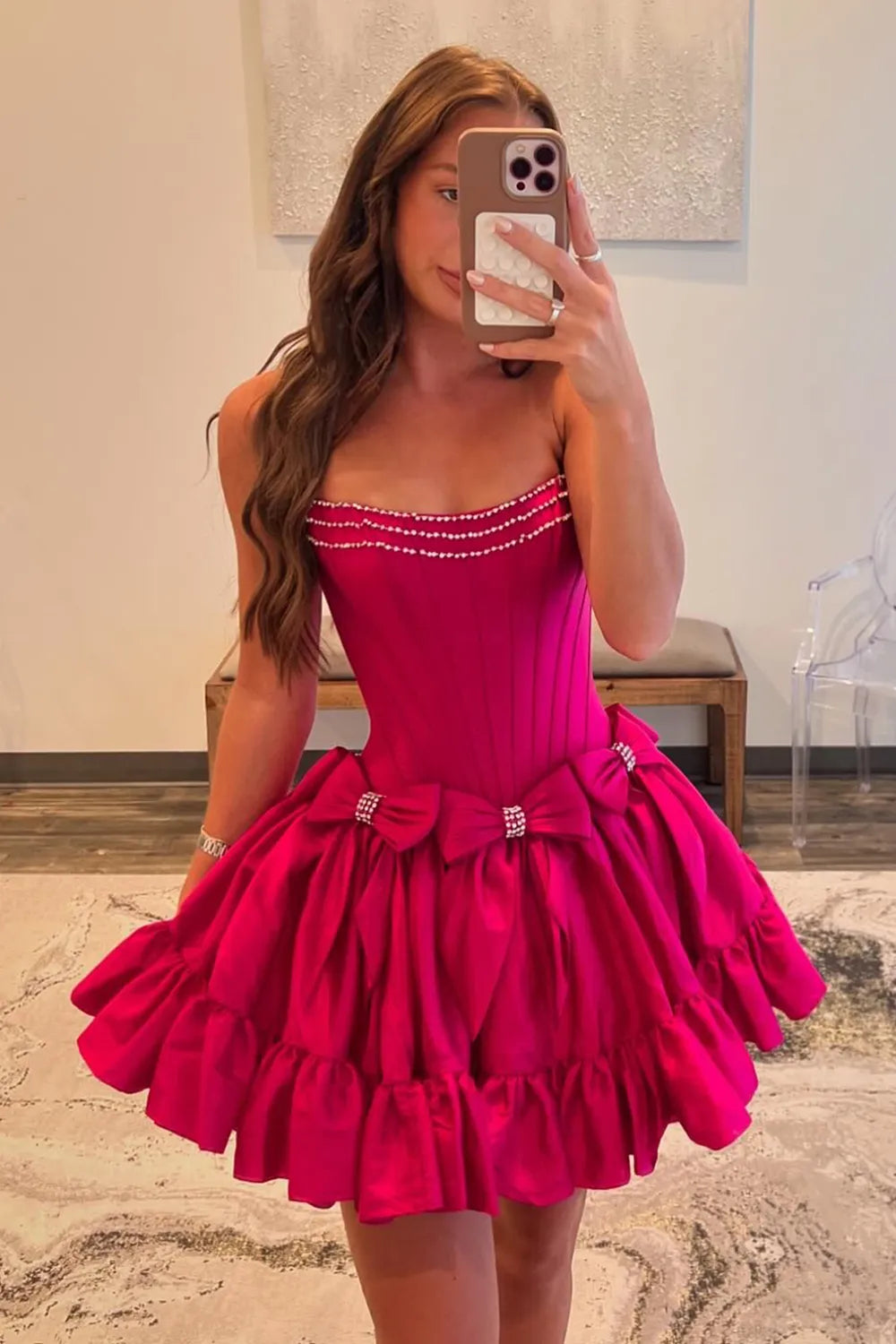 Cute A Line Strapless Hot Pink Short Homecoming Dress with Beading