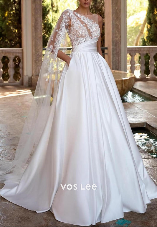 Classic & Timeless A-Line Illusion Scoop Neck Pleated Wedding Dresses with Pockets