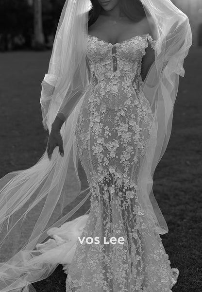 Illusion Spaghetti Straps Appliques Lace Sweetheart Pleated Trumpet Wedding Dresses