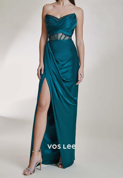 V Neck Illusion Rhinestone Floor-Length Sheath Evening Dresses Party Dresses with Side Split