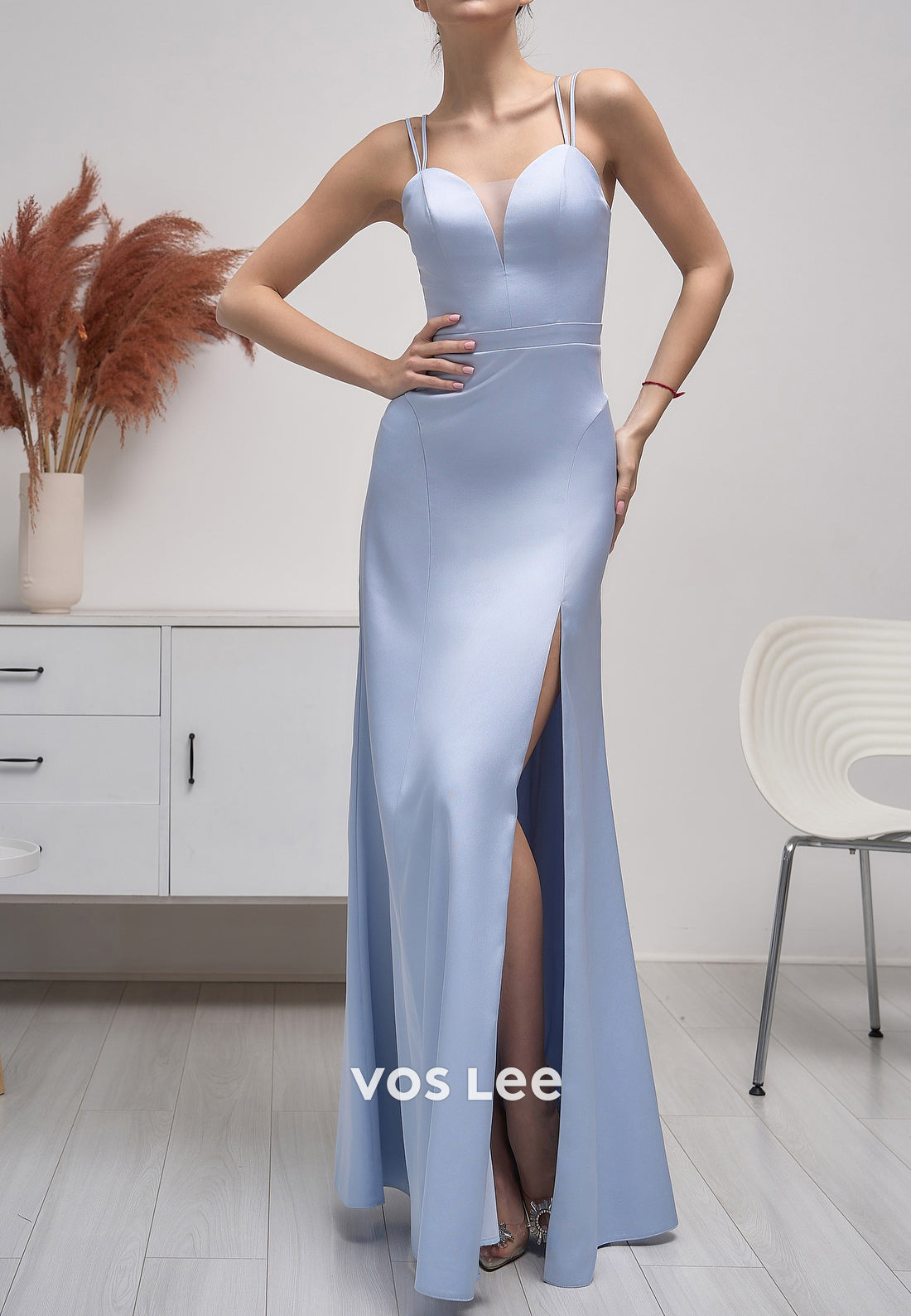 Classic Spaghetti Straps Sweetheart Satin Sheath Prom Dresses with High Split