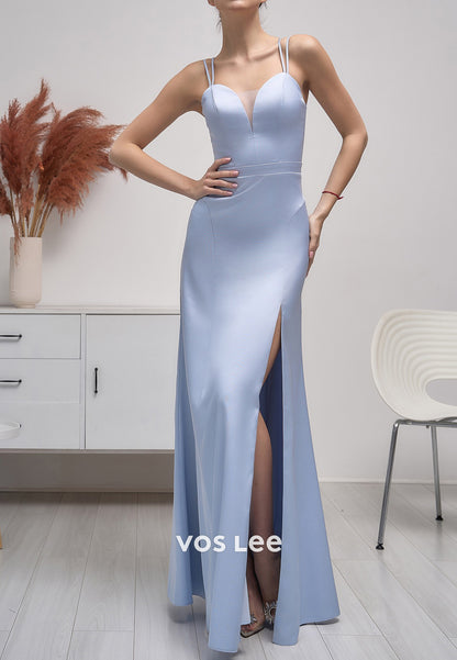 Classic Spaghetti Straps Sweetheart Satin Sheath Prom Dresses with High Split