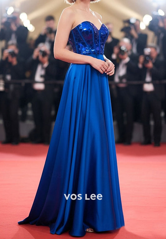 Royal Blue Satin Strapless Ball Gown with Beaded Sweetheart Neckline