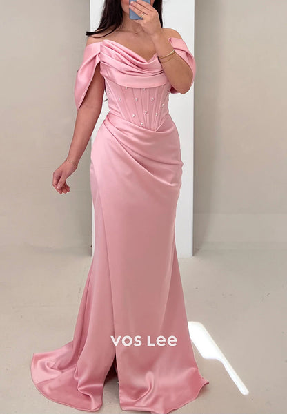 Simple & Classic Off the Shoulder Pearls Pleated Mermaid Evening Dresses with High Split