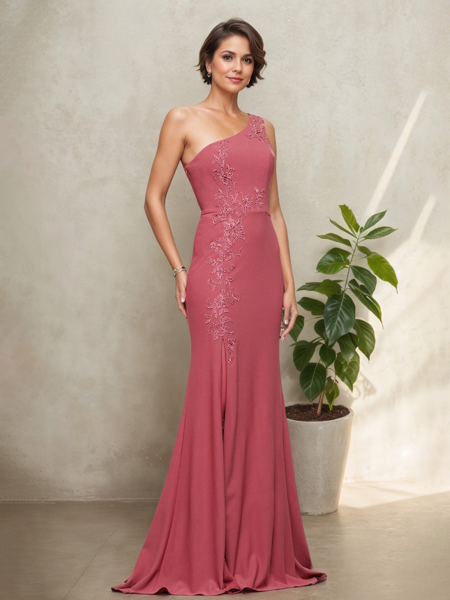 Grey Sheath One Shoulder Mother Of The Bride Dress with Split