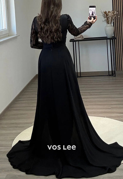 Long Sleeve Scoop Beading Sequins Embellished Mermaid Evening Dresses with Sweep Train