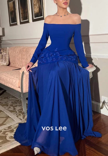 A-Line Long Sleeve Off the Shoulder Floor-Length Evening Dresses  Formal Dresses