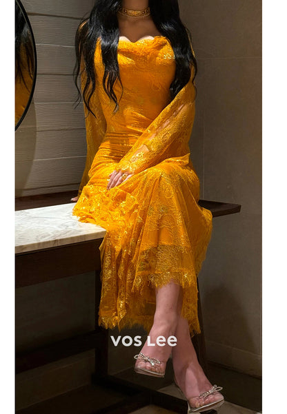 Long Sleeve Square Lace Appliques Rhinestone Ankle-Length Long Evening Dresses