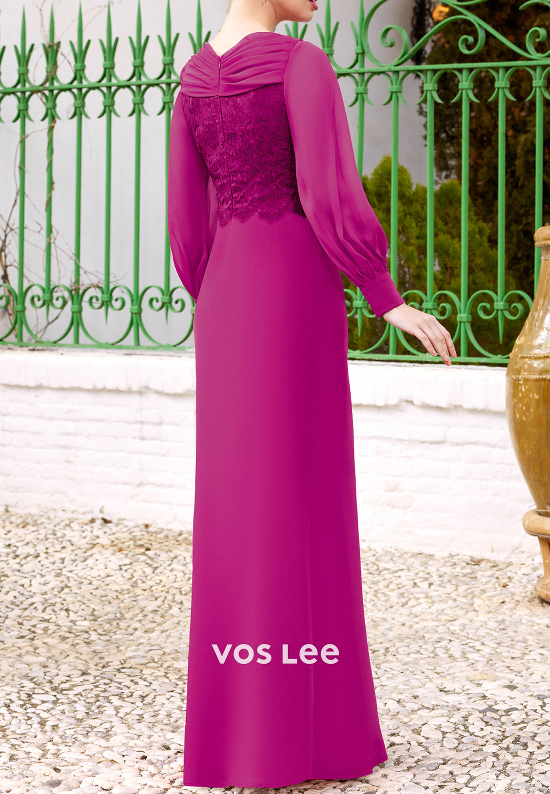 Long Sleeve A-Line Criss-Cross Straps Lace Appliqued Floor-Length Mother of Bride Dress