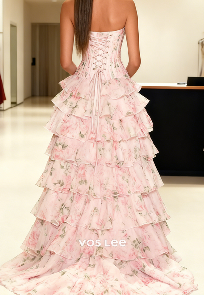 Sweetheart Flower Print Tiered A-line Long Prom Dresse With Split