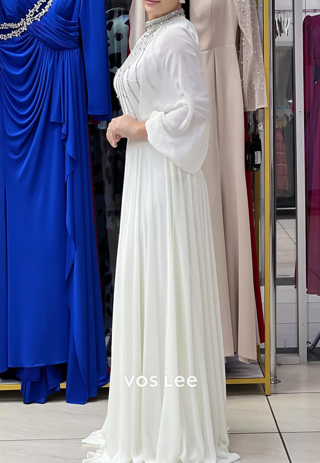 A-Line Long Sleeves High Neck Rhinestone Embellished Pleated Evening Dresses