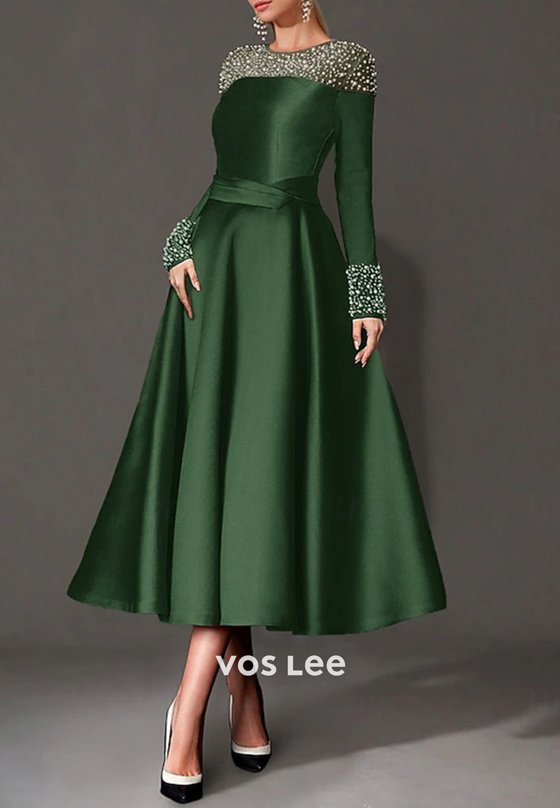Long Sleeve A-Line Beaded Scoop Tea-Length Pleated Evening Dresses