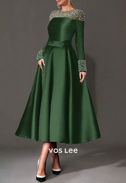Long Sleeve A-Line Beaded Scoop Tea-Length Pleated Evening Dresses