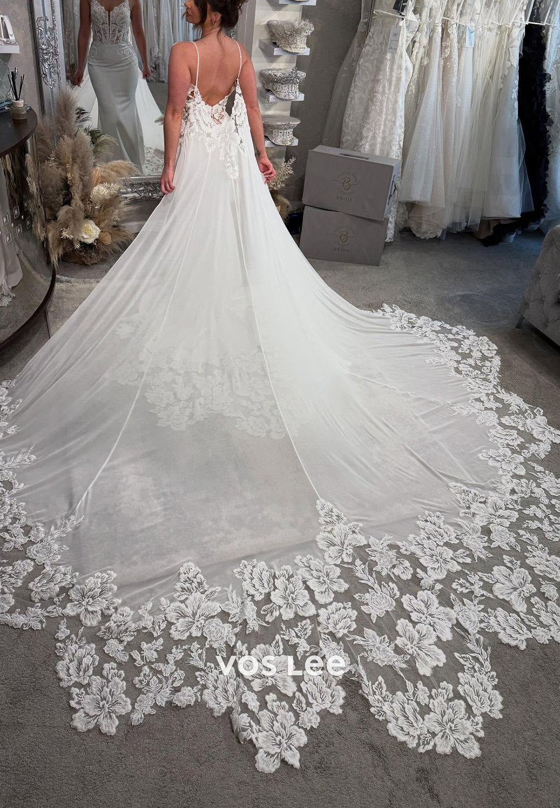 Spaghetti Straps V Neck Appliques Lace Mermaid Wedding Dresses with Chapel Train