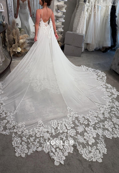 Spaghetti Straps V Neck Appliques Lace Mermaid Wedding Dresses with Chapel Train