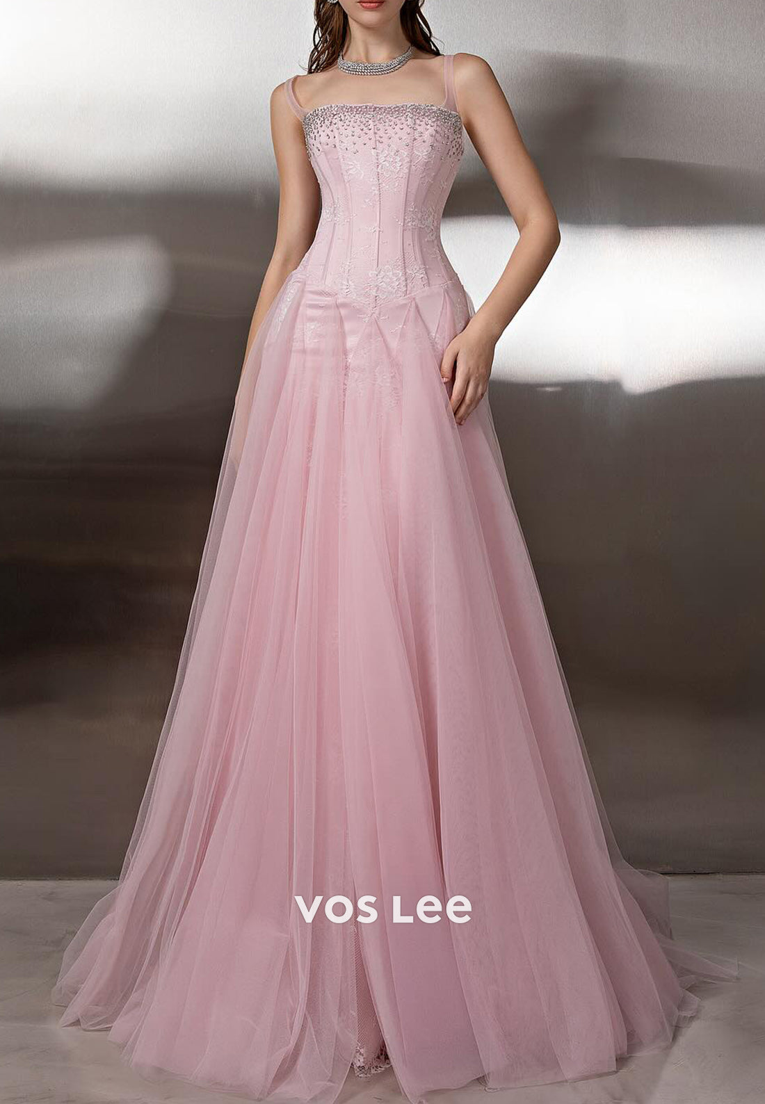 Pink A-Line Spaghetti Straps Square Lace Rhinestone Prom Dresses with Court Train