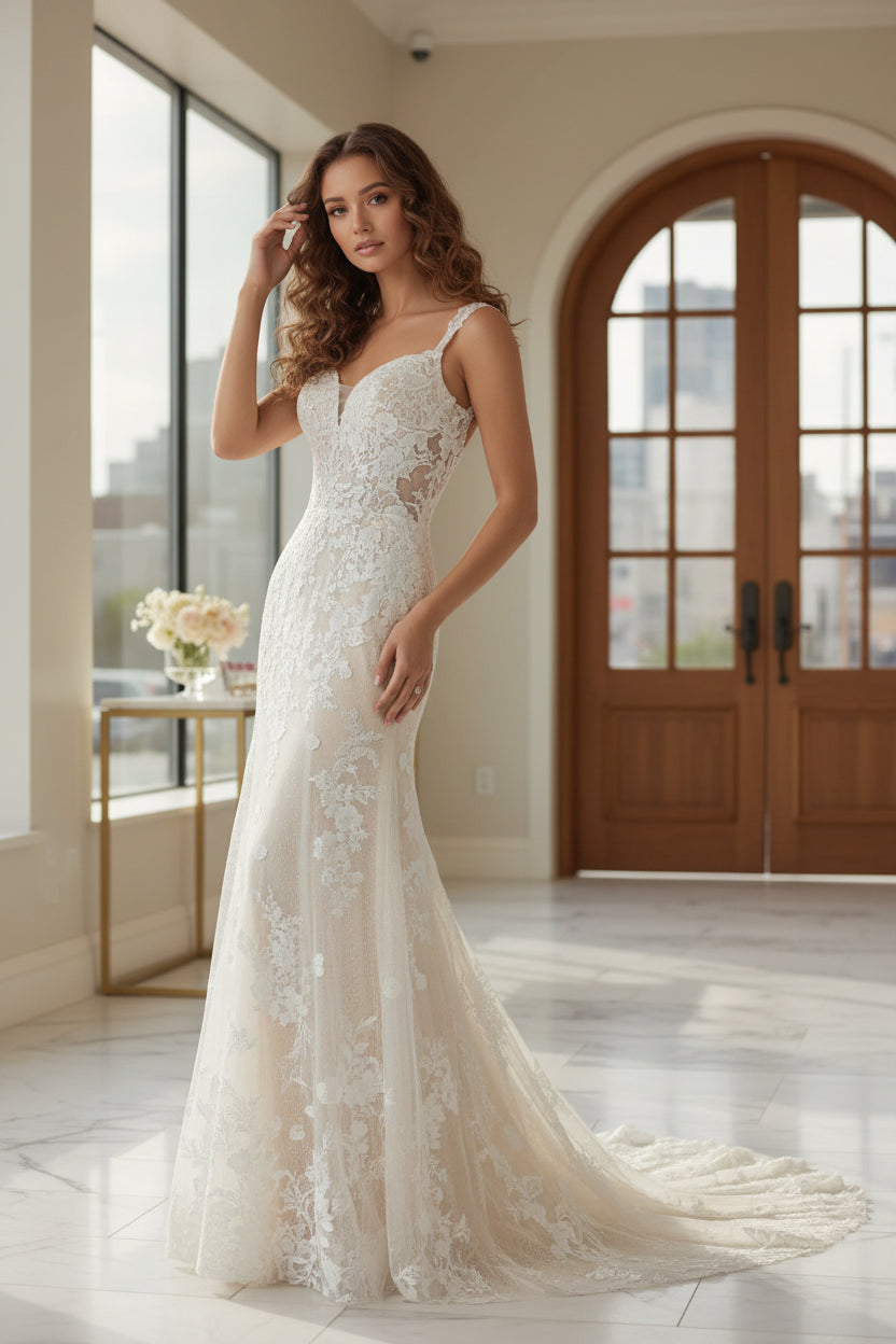 White Champagne Mermaid Sweetheart Sequins Tulle Wedding Dress