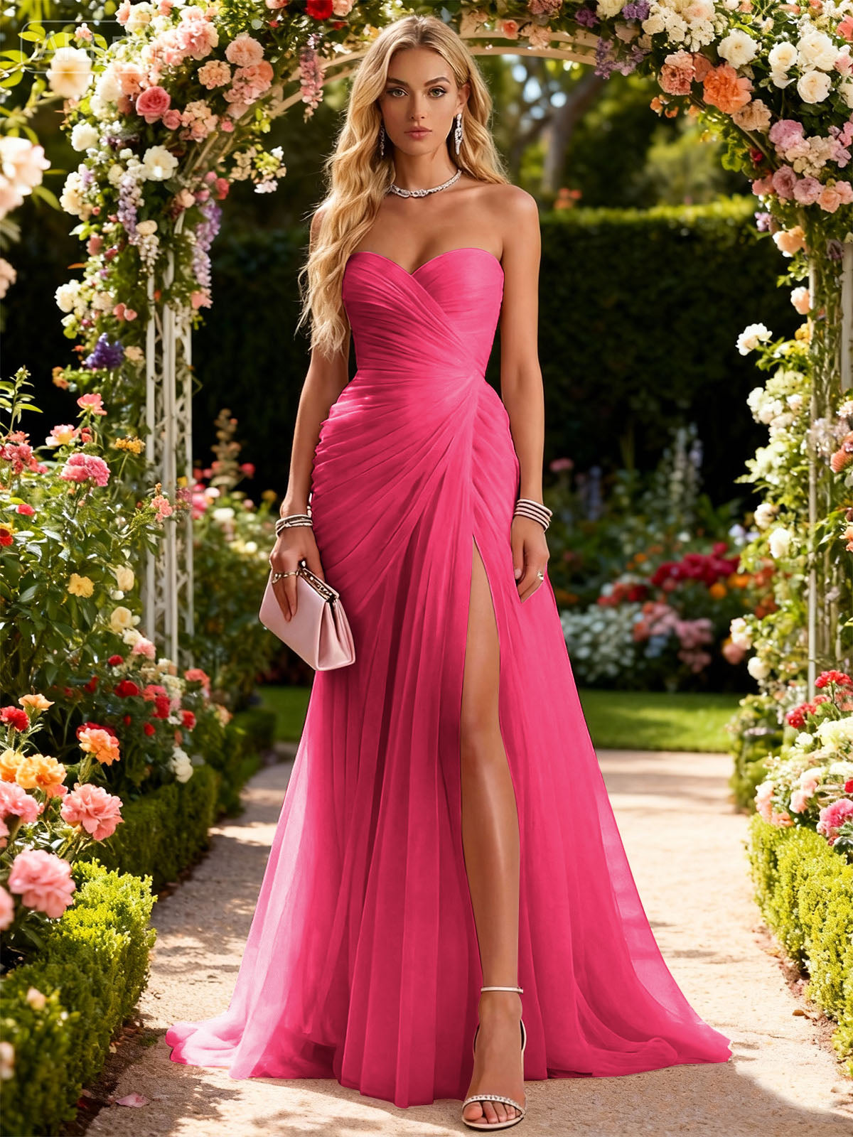 Pink Ruched Slit Tulle Strapless Sleeveless Sheath Gown Dress