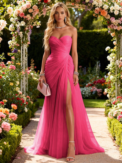 Pink Ruched Slit Tulle Strapless Sleeveless Sheath Gown Dress