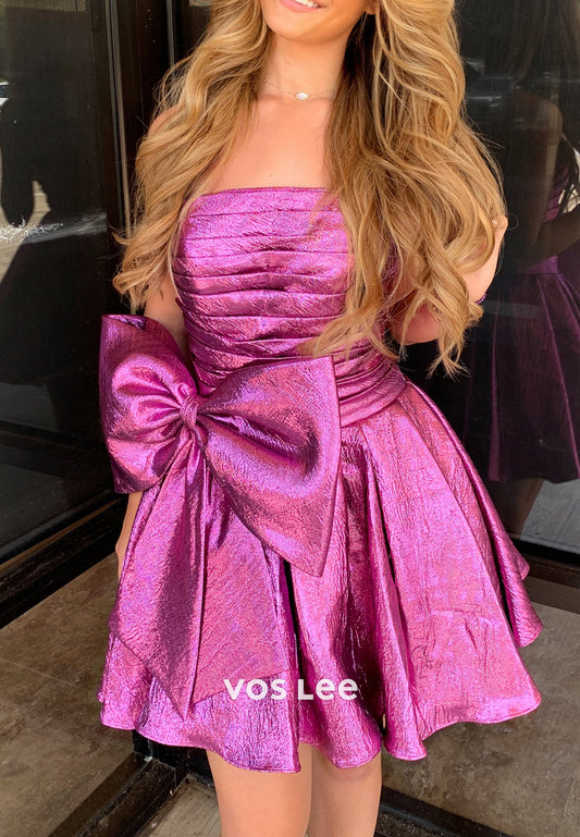 Couture & Ornate A-Line Strapless Bowknot Pleated Homecoming Dresses