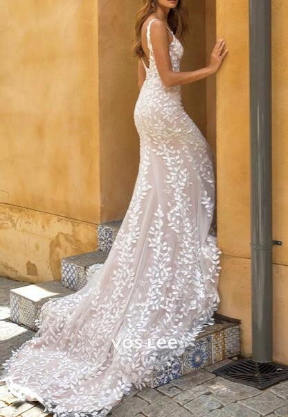 Classic & Timeless Regular Straps Appliques Lace Mermaid Wedding Dresses with Court Train