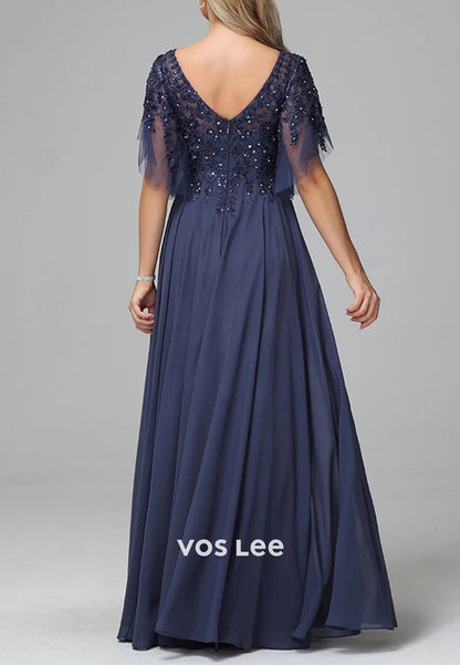A-Line V Neck Beading Appliques Lace Floor-Length Pleated Mother of Bride Dresses