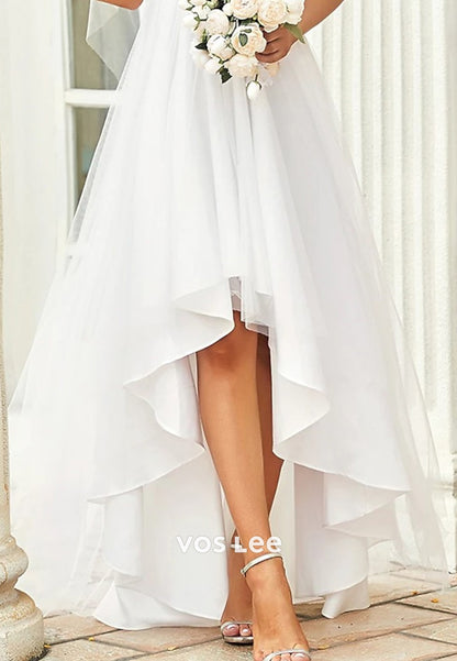 Couture & Ornate High Low A-Line Long Sleeve V Neck Pleated Wedding Dresses