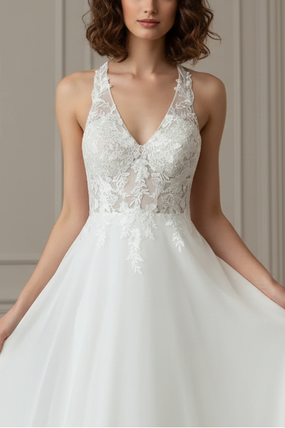 Elegant Chiffon Halter V-Neck A-Line Lace Slit Wedding Dress