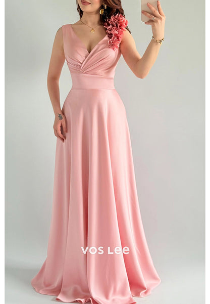 Simple & Classic A-Line V Neck Floral Embellished Pleated Floor-Length Evening Dresses