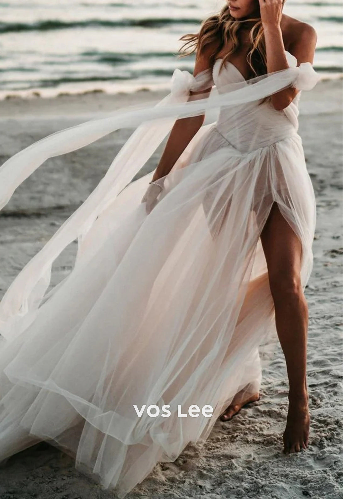 A-Line Off the Shoulder Bowknot Sweetheart Pleated Beach Wedding Dresses with High Split