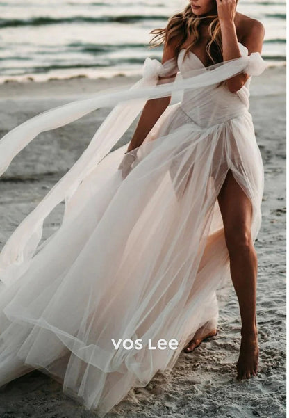 A-Line Off the Shoulder Bowknot Sweetheart Pleated Beach Wedding Dresses with High Split