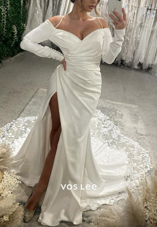 Long Sleeve Spaghetti Straps Sweetheart Appliques Lace Sheath Wedding Dresses