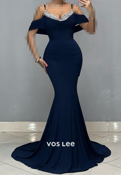 Off the Shoulder Spaghetti Straps Rhinestone Mermaid Evening Dresses with Sweep Train