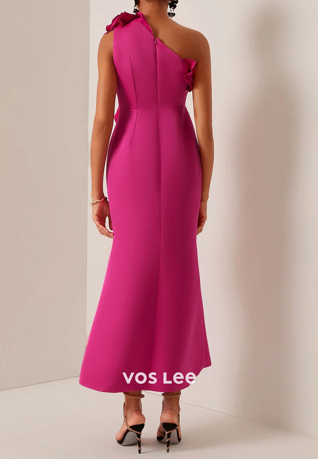 One Shoulder Pleated Ankle-Length Sheath Wedding Guest Dresses with High Split