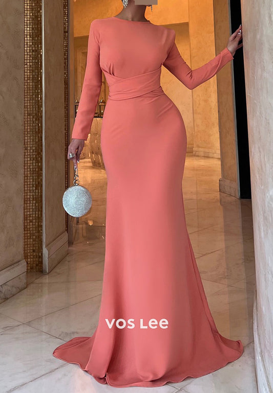 Long Sleeve Scoop Pleated Mermaid Evening Dresses with Sweep Train