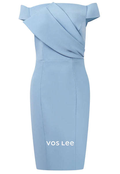Mini & Short Sky Blue Off the Shoulder Pleated Sheath Wedding Guest Dresses