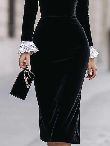 Vintage-Inspired Black Velvet Lace-Trimmed Sheath Midi Dress