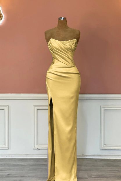 Satin Strapless Sleeveless Long Pleated Mermaid Prom Dress With Rhinstone And High Split