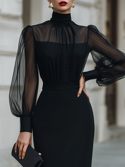 High-Neck Sheer Sleeve Tailored Midi Dress