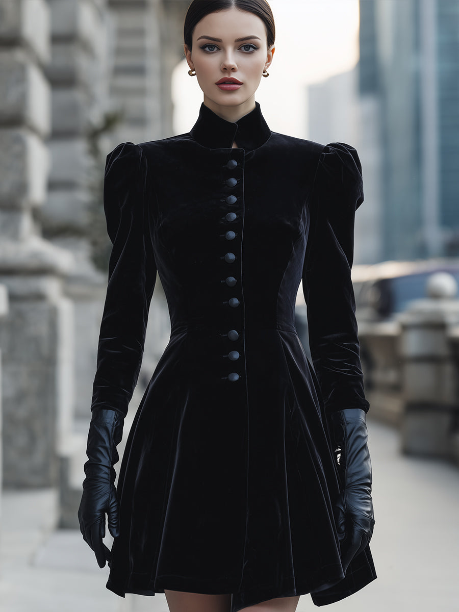 Velvet High-Neck Buttoned Mini Dress