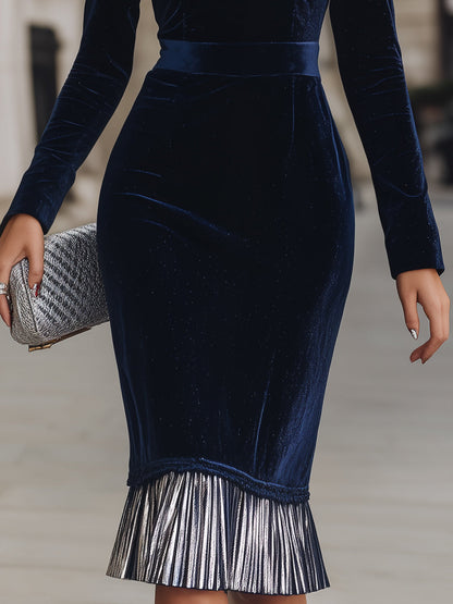 Midnight Velvet Sheath Dress With Metallic Pleated Hem