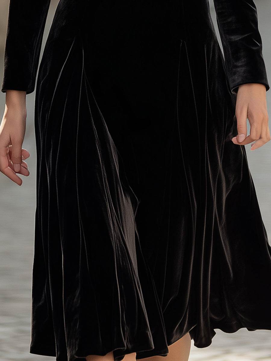 VOS LEE Black Velvet Ruffled-Collar Midi Dress