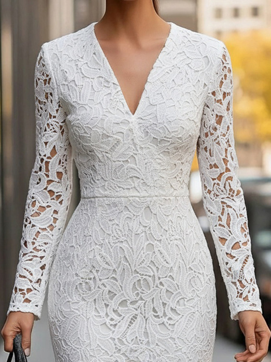 Elegant Long Sleeve Lace Midi Dress