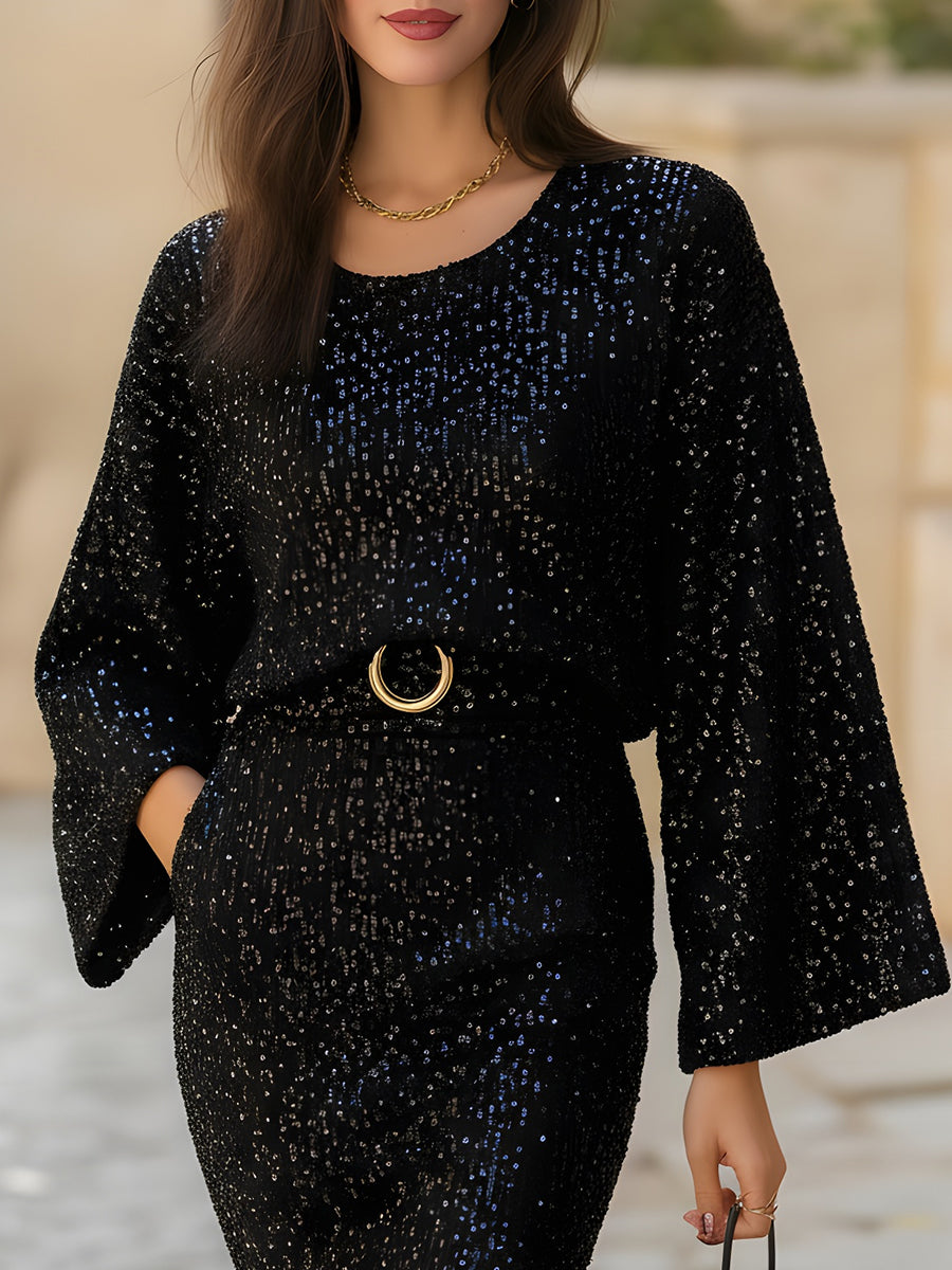 Sequin Knit Bell-Sleeve Belted Bodycon Dress