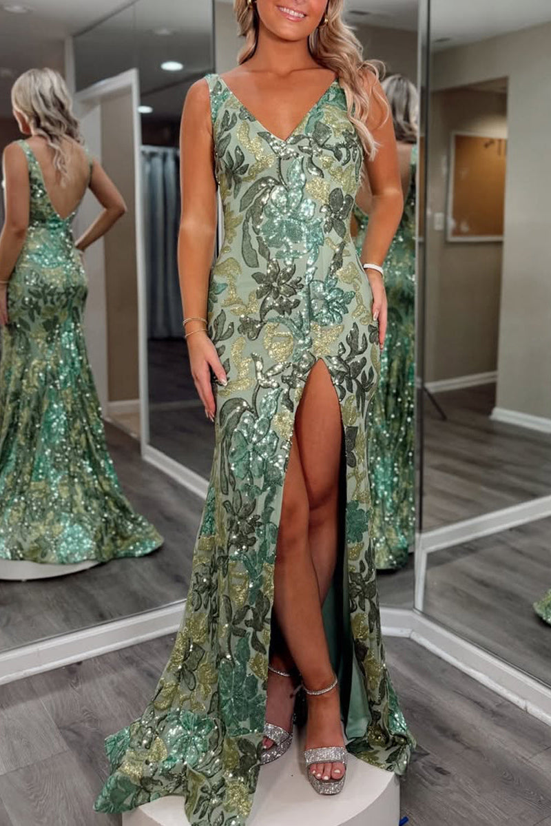 Sparkly Mermaid V Neck Sage Green Sequin Lace Long Prom Dress with Slit