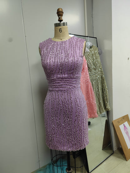 Sleeveless Beaded Bodycon Cocktail Dress